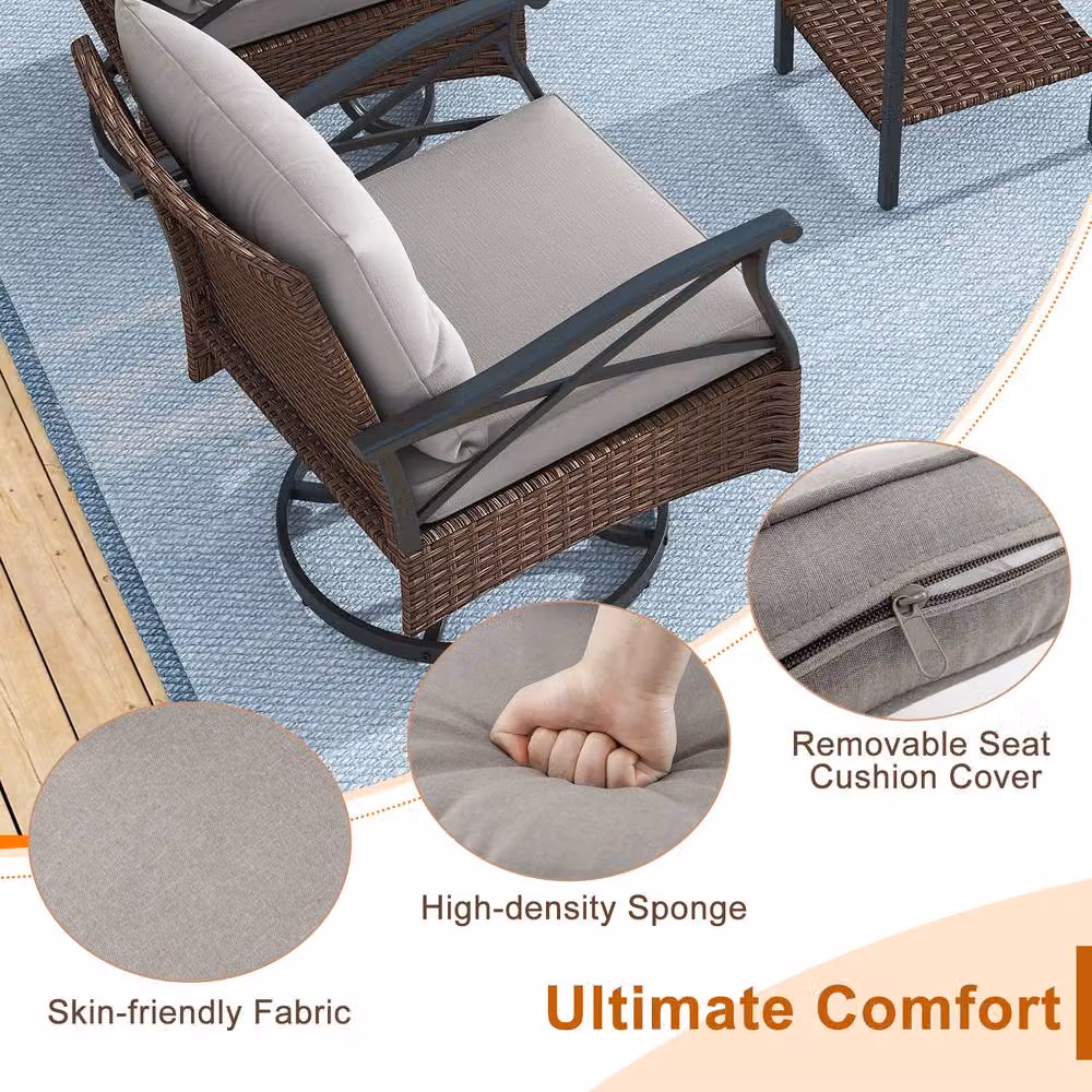 Gymax Brown Polyrattan Patio Swivel Rocker Set with 3 Upholstered Armchairs and 2-Tier Coffee Table – 6