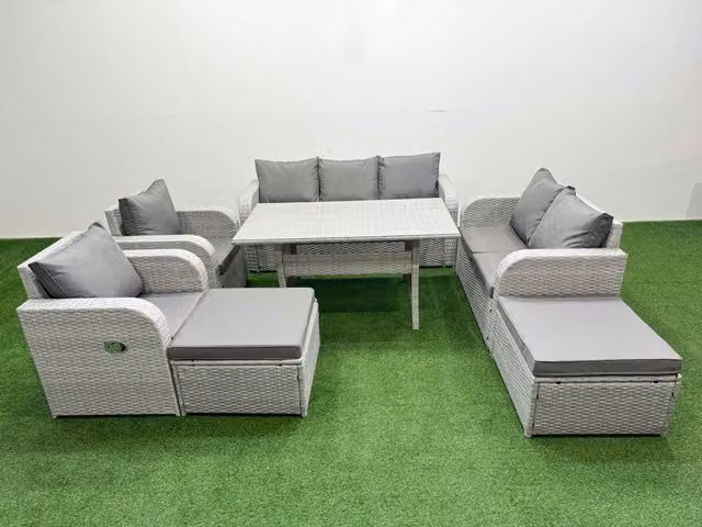 Fimous PE Rattan Garden Furniture Set in Grey with Reclining Chairs, Double Love Seat, Rectangular Dining Table and 2 Footstools