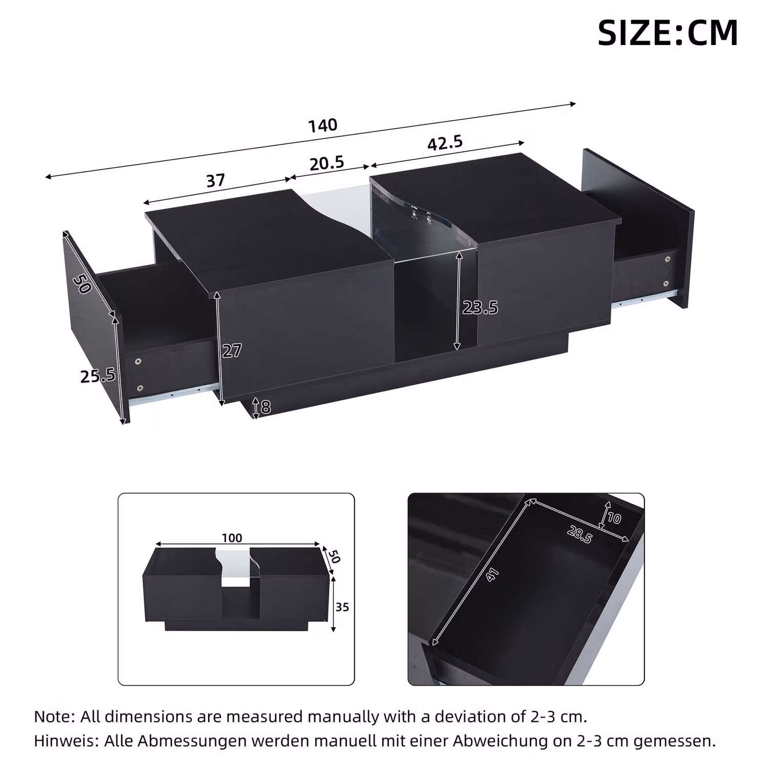 Aosom UK Modern High Gloss Coffee Table with 2 Storage Drawers and Customisable LED Lights, Black, W: 100 cm, D: 50 cm, H: 35 cm – 3