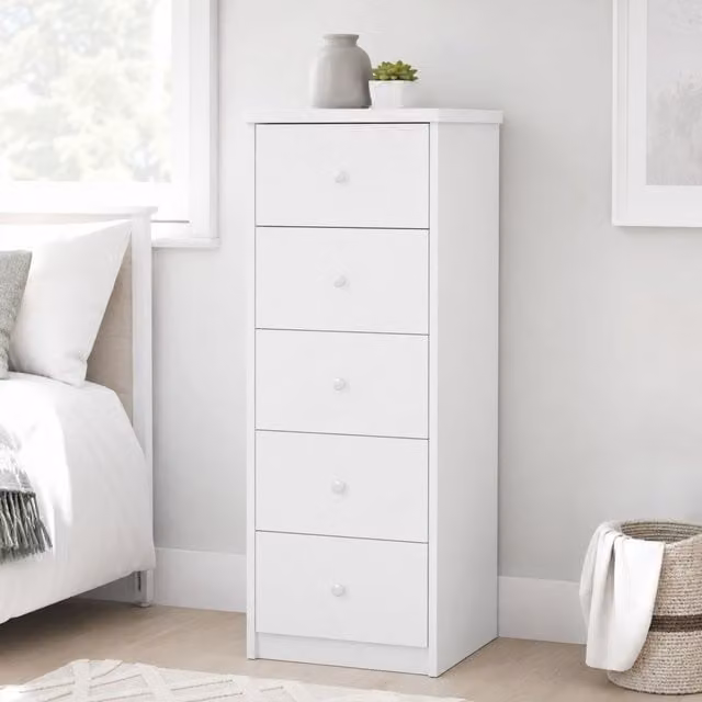 Core Products Erin White 5 Drawer Narrow Chest of Drawers with Metal Runners