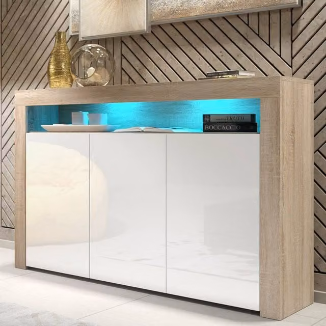 Mex Furniture LTD Aether Sideboard in Oak and White Gloss with Integrated LED Lighting, W: 155 cm, H: 92 cm, D: 40 cm