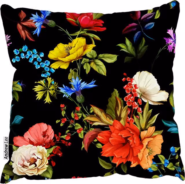 Andrew Lee Floral Poppy, Wild Roses and Cornflower Cushion in Red and Black, W: 60 cm, H: 60 cm