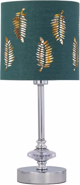 First Choice Lighting Chrome Jewelled Table Lamp with Green Fabric Cylinder Shade in Silver