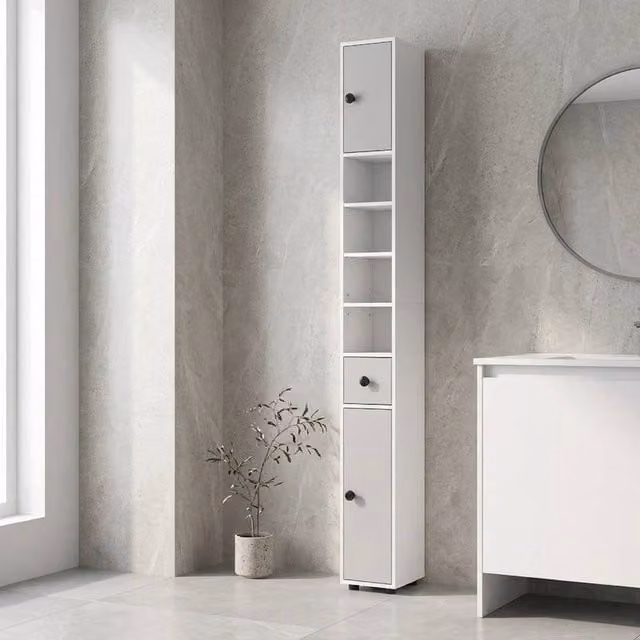 STILVORA Slim Grey Bathroom Cabinet with LED Lighting, Internal Drawers and Shelves – 1
