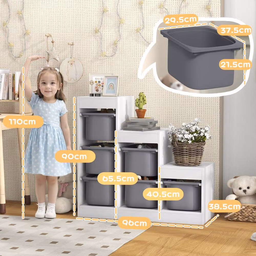 AIYAPLAY 3-Layer Kids Toy Storage Unit with 6 Removable Bins, Grey and White – 2