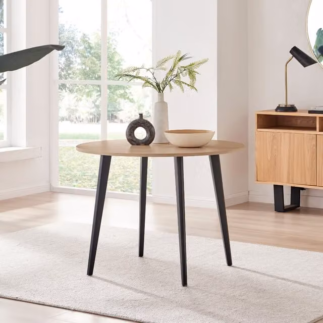 FurnitureboxUK Koko Modern Round Kitchen Dining Table with Oak Effect Melamine Top and Black Legs