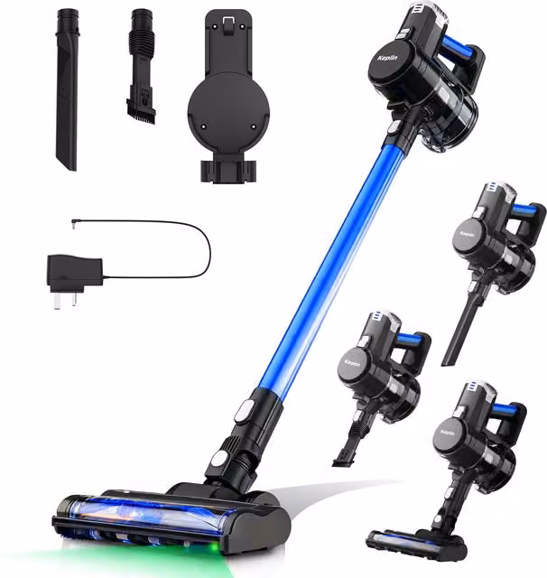 Keplin Bagless Cordless Vacuum Cleaner with HEPA Filter and LED Headlight, Black