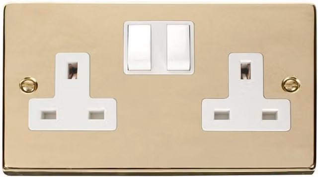 SE HOME White and Gold Flush Plate Double Socket with Brass Details