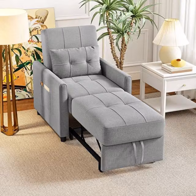 HOMCOM Folding Chair Bed with Pillow and Side Pockets in Light Grey