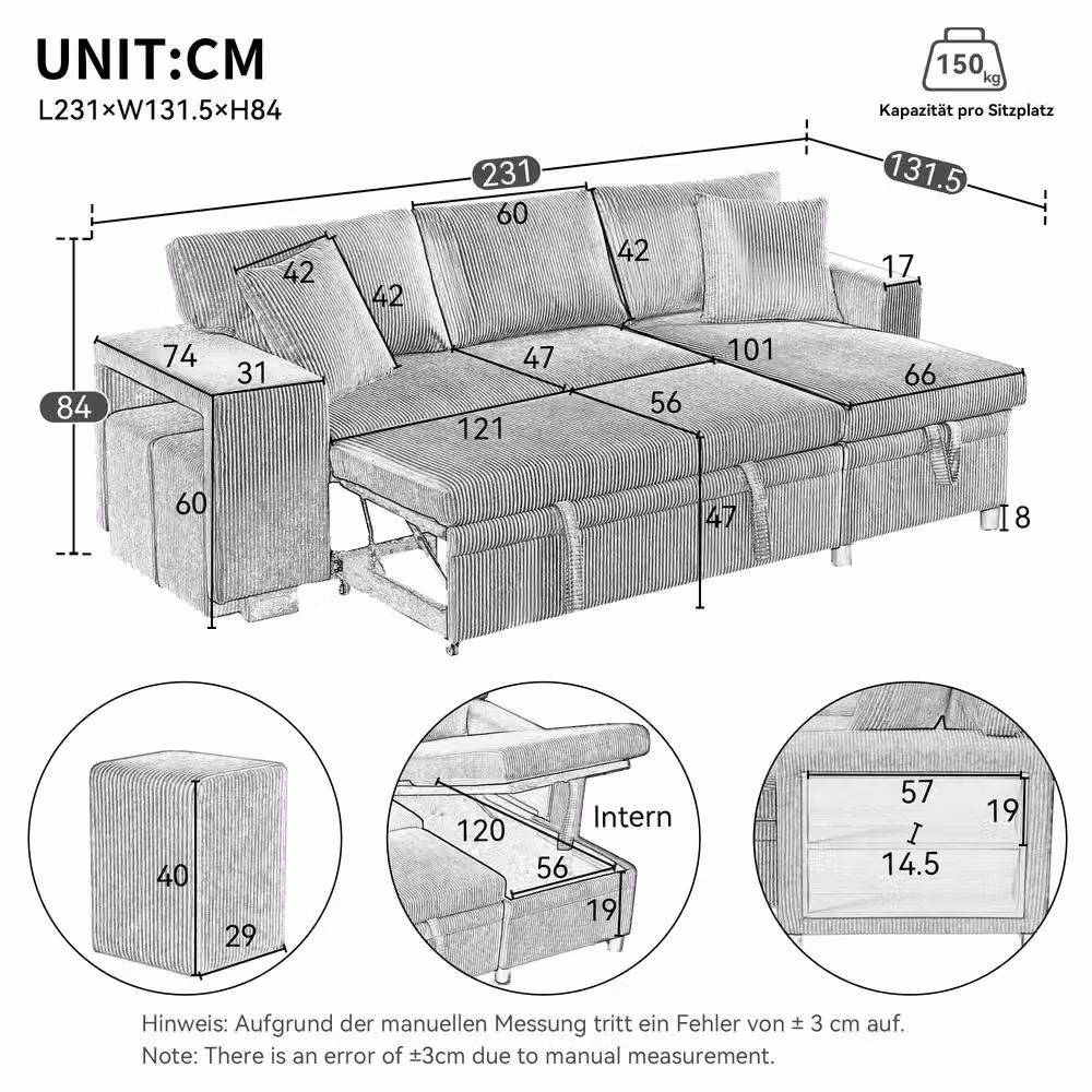 BTM L Shaped Sofa Bed with USB Charging and Storage in Grey – 5