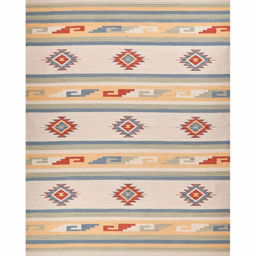 Wyld and Coco Klim Handwoven Cotton Kilim Rug in Beige and Multicolour, Reversible with Tassels, W: 140 cm, D: 200 cm – 2