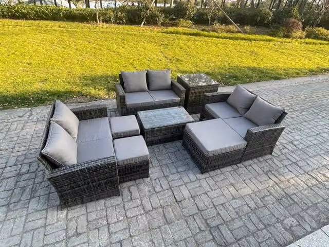 Fimous 8-Piece Polyrattan Garden Furniture Set in Dark Grey with 2-Seater Sofa, Coffee Table and 3 Footstools