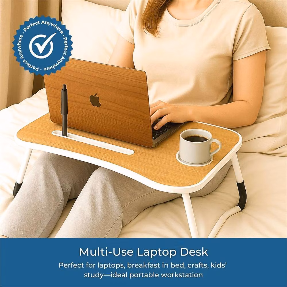 KORVIXA Foldable Portable Laptop Table in Brown Walnut, W: 60 cm, D: 40 cm, H: 28 cm – 4
