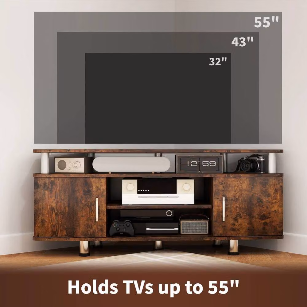 FORGEVIO Industrial Brown Wood TV Unit Cabinet with Storage Shelves and Media Compartments – 3