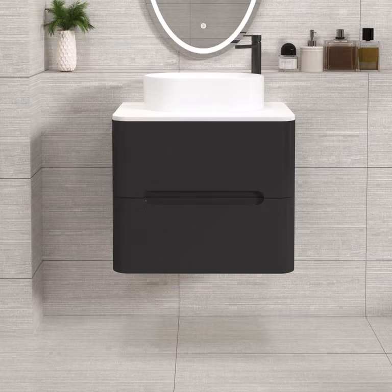 Royal Bathrooms Venice Wall Hung Vanity Unit in Matt Nocturne Black with 2 Drawers and Plain White Worktop and Peak Basin, Width: 60 cm