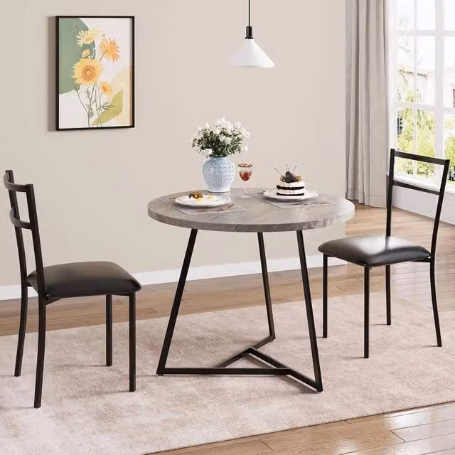 VOGREX Modern Round Dining Table and 2 Chairs Set in Black with Wood Top and Metal Legs, Diameter: 80 cm – 1