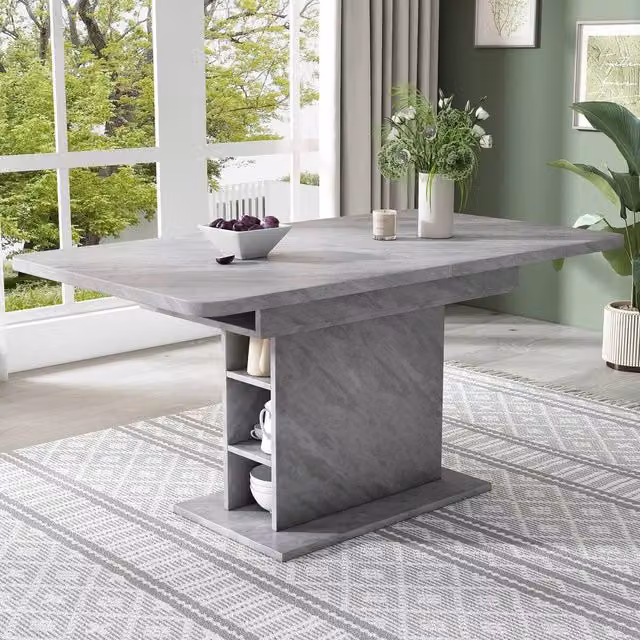 Merax Extendable Rectangular Dining Table in Grey with Built-In Storage and Metal Central Column