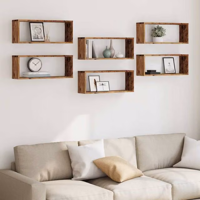 Berkfield Home Set of 6 Wall Mounted Cube Shelves in Old Wood Brown, W/D/H: 60 x 15 x 23 cm – 1