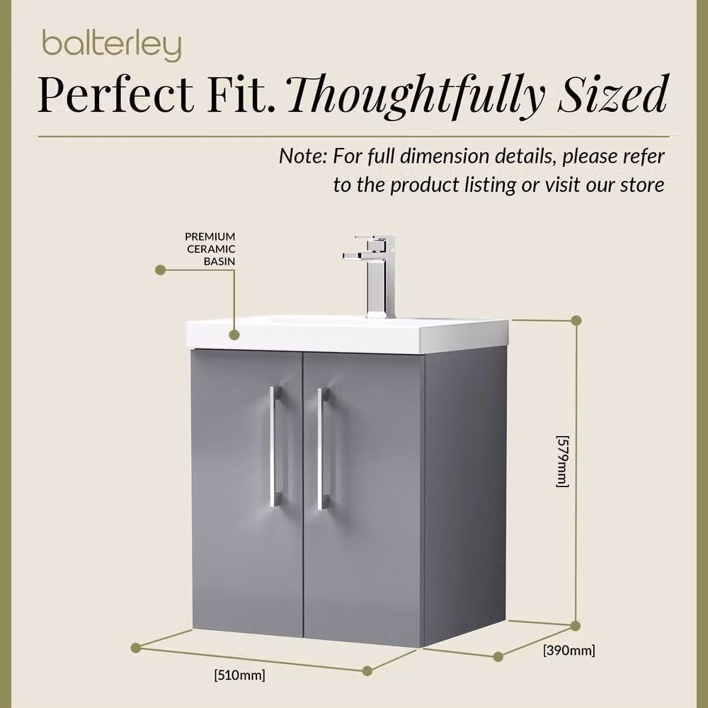 Balterley Modern Wall Hung Bathroom Vanity Unit with 2 Soft Close Doors and Rectangular Mid-Edge Basin, Satin Grey, W: 50 cm, H: 57.9 cm, D: 50 cm – 3