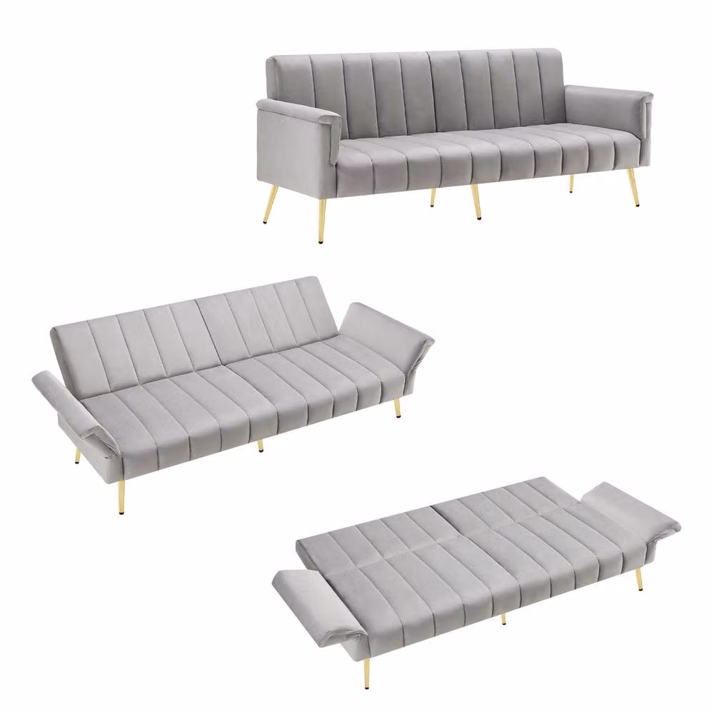 Merax Modern Convertible Velvet Sofa Bed in Grey with Click-Clack Sleeping Function and Metal Frame, W/D/H: 140 x 200 x 77 cm – 2