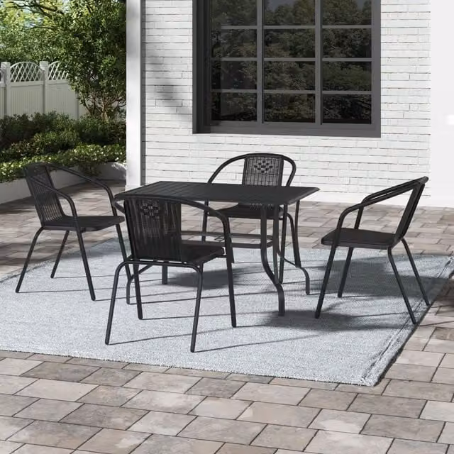 Breeins Black Matt Metal and Polyrattan Garden Dining Set with One Rectangular Table and Four Chairs