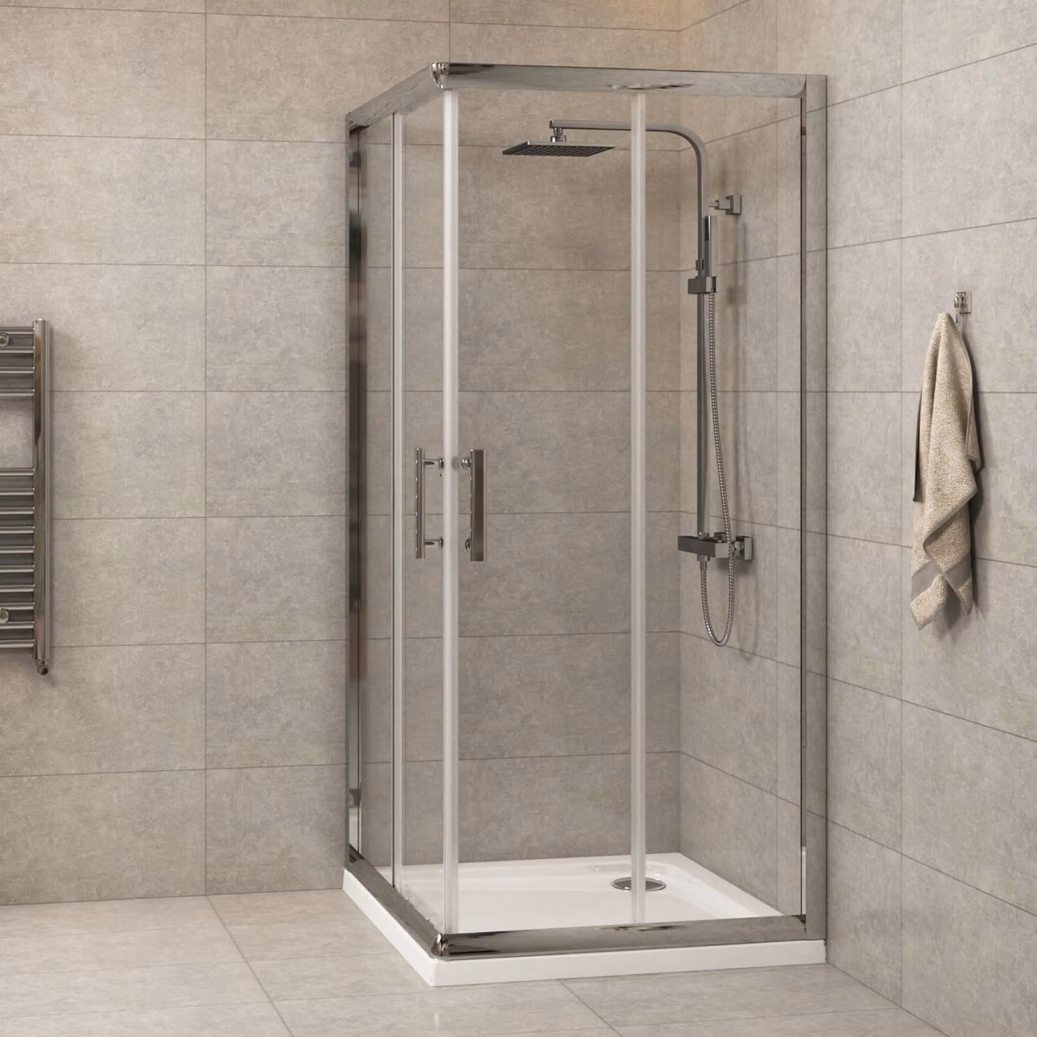 Royal Bathrooms Plaza Square Corner Entry Shower Enclosure with Sliding Transparent Glass Door, Silver, W/D: 100 x 100 cm