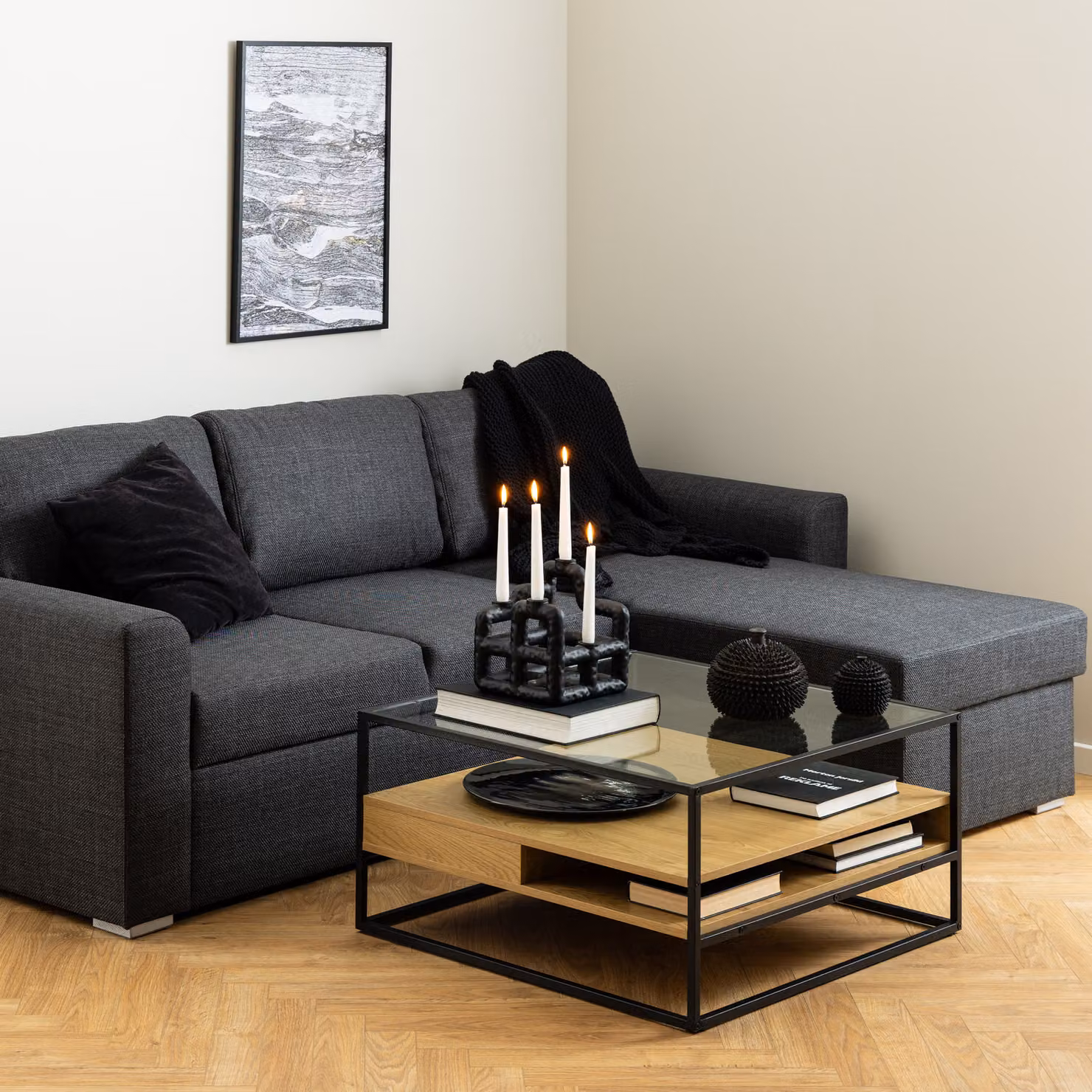 Furniture To Go Modern Square Coffee Table with Glass Top and Metal Frame in Black and Ash – 3