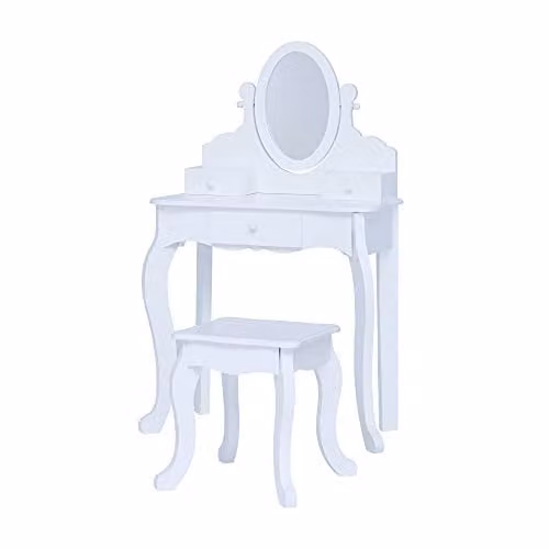 Teamson Kids Princess Rapunzel Wooden 2-Piece Vanity Play Set with Three Storage Drawers, Rotating Oval Mirror and Matching Stool, White, W: 69.9 cm, D: 41.3 cm, H: 25.4 cm