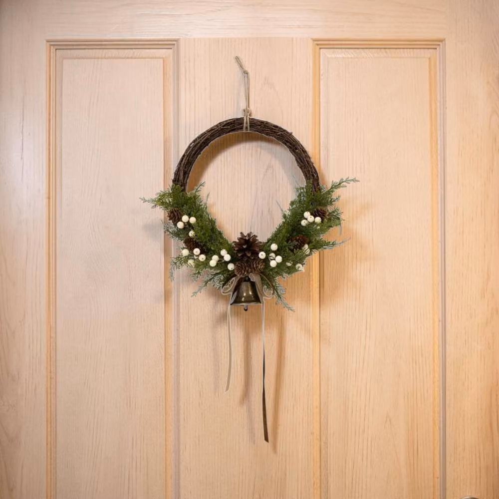 Four Candle Brown Twig Wreath with White Berries, Pinecones, Bells and Bow, Medium – 2