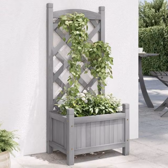 Berkfield Home Grey Solid Wood Fir Planter with Trellis – 1