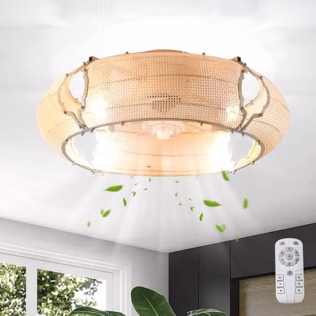 NIVOR Boho Rattan Caged Reversible Ceiling Fan with Light in Beige