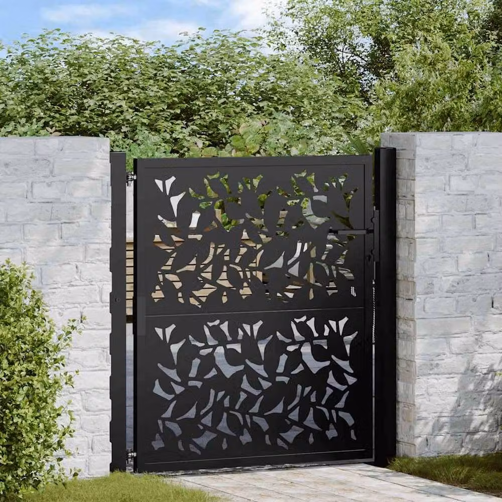 Berkfield Home Beautiful Garden Gate in Black Steel with Leaf Design, W: 105 cm, H: 106 cm – 2