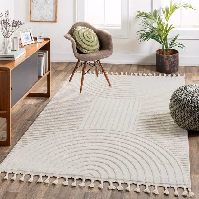 Livabliss Nora Geometric Grey and White High Pile Fringe Rug, W: 80 cm, L: 220 cm
