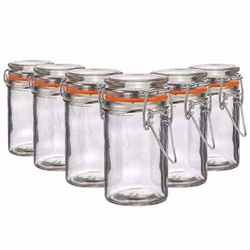 Argon Tableware Glass Spice Jars with Airtight Metal Clip Lids, 70ml, Set of 6, Transparent with Orange Seals – 1