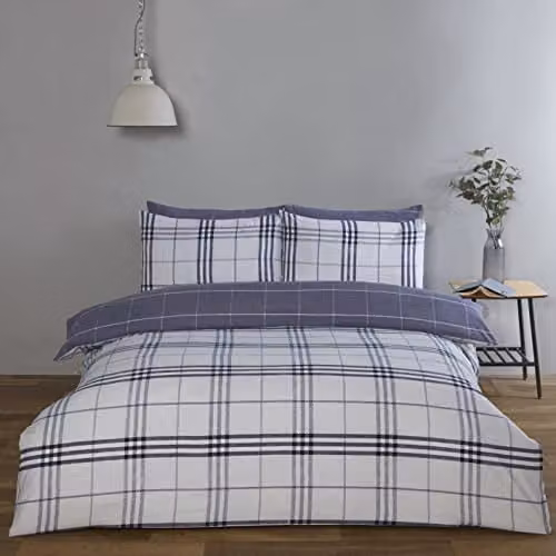 Rapport Home Harris Checked Microfibre Reversible Duvet Set and Pillowcases, Blue, W/D/H: 200 x 200 cm