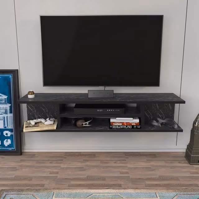 Decorotika Pivot Wall Mounted Floating TV Unit in Black Marble Effect