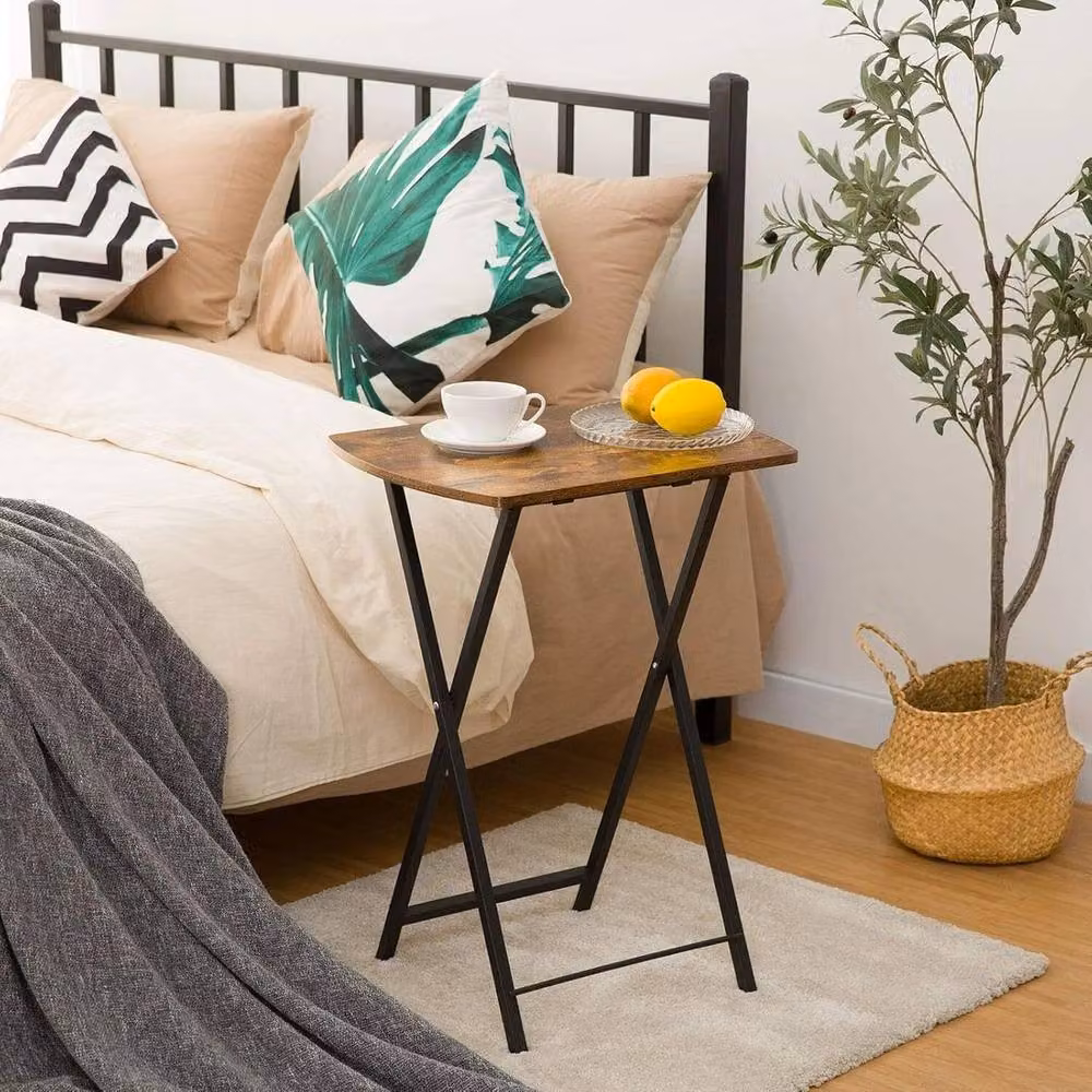 FORGEVIO Brown Folding Side Table with Rectangular Wood Top and Metal X-Frame – 3