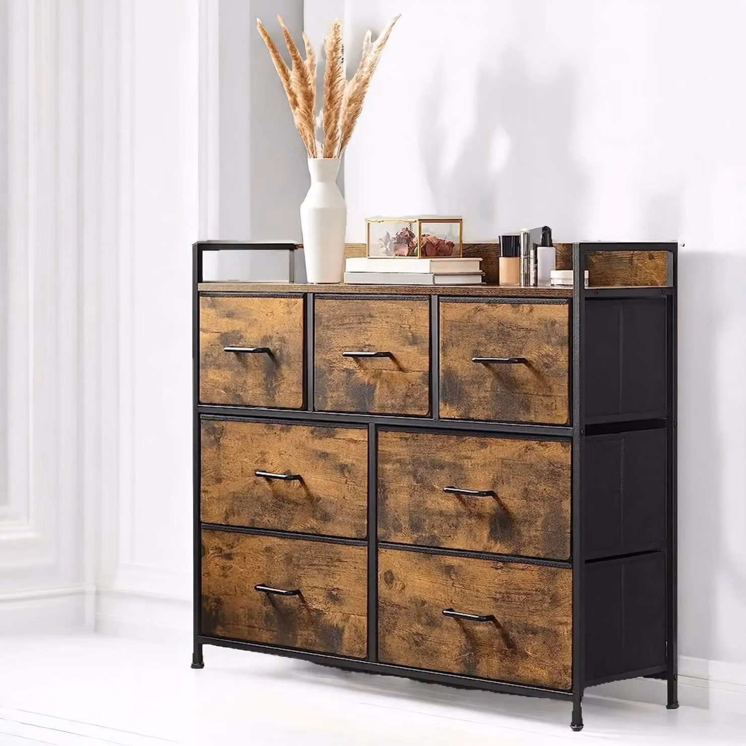 Pirlo Plush Industrial Rustic Brown Chest with 7 Fabric Drawers – 3