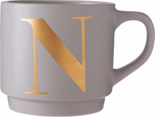 Orsina Signet Grey and Gold Monogram Porcelain Stackable Mug