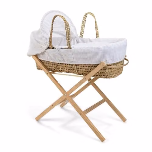 Clair de Lune Waffle Moses Basket with Natural Folding Stand in White – 1