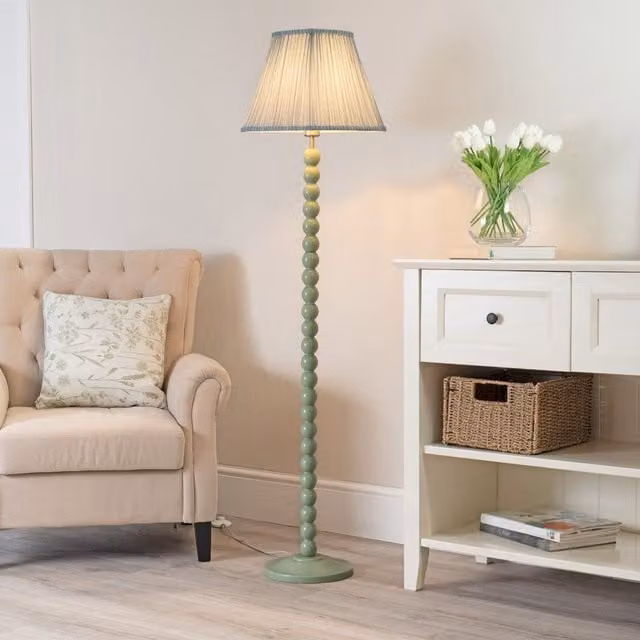 ValueLights Bobbins Sage Green Floor Lamp with Blue Fabric Pleated Shade and LED Bulb – 1