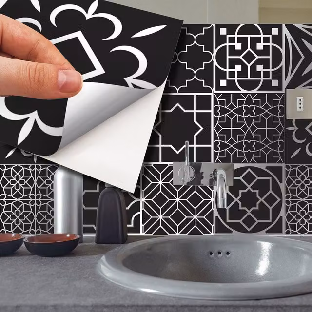 Walplus Geometric Adhesive Wall Tile Stickers in Black and Silver Metallic Abstract Design