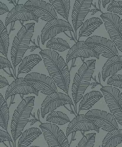 Grandeco Vertical Attitude Palm Leaves Botanical Floral Wallpaper in Green, Grey and White