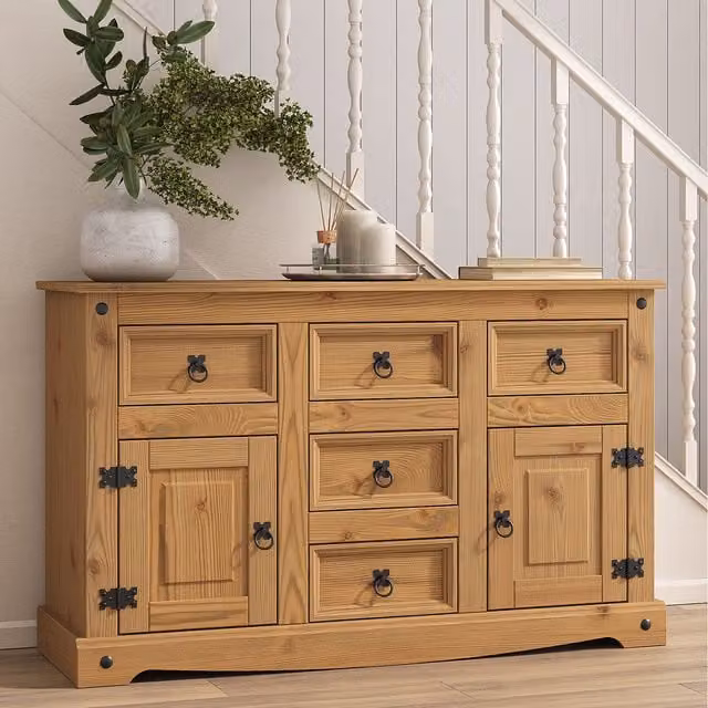 Mews Corona Sideboard with 5 Drawers and 2 Doors in Rustic Waxed Pine, Brown and Black