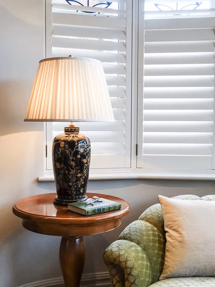 Loops Table Lamp with Gold Bird Pattern and Cream Double Pleat Shade, LED E27 60W