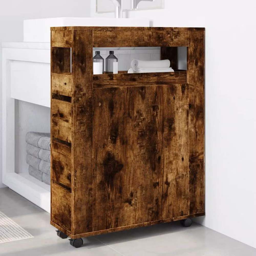 Berkfield Home Narrow Bathroom Cabinet with Wheels in Smoked Oak Brown Engineered Wood – 3