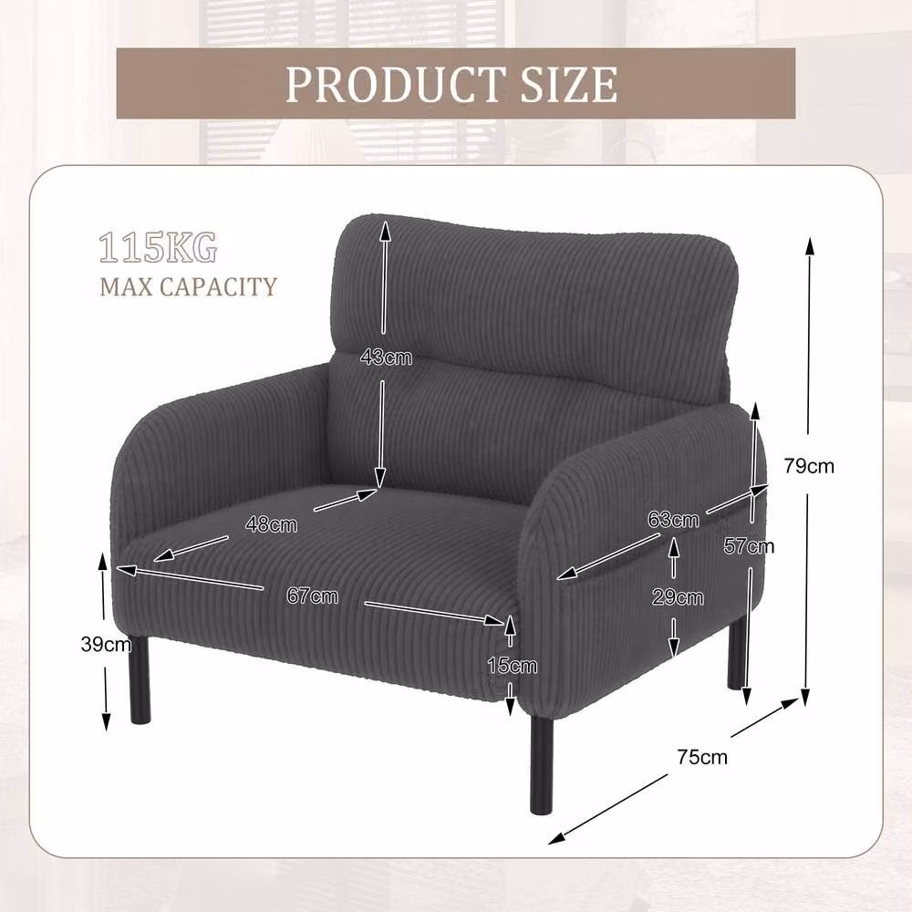 Direct Wicker Grey Corduroy Single Armchair with Wide Seat and Solid Wood Frame – 2