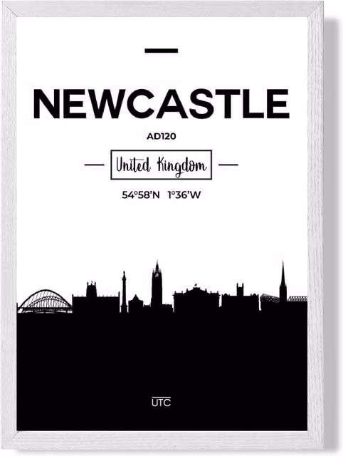 ARTZE Newcastle Black and White City Skyline Framed Print with White Frame – 1