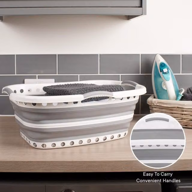 OHS Collapsible Plastic Laundry Basket with Handles, Grey, W: 34.0 cm, D: 6.0 cm, H: 52.0 cm