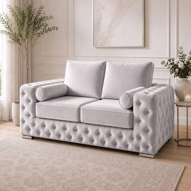 Stratus Interiors Ashley Tufted Chesterfield 2 Seater Fabric Living Room Sofa in Silver, W: 177.8 cm, H: 76.0 cm, D: 67.0 cm
